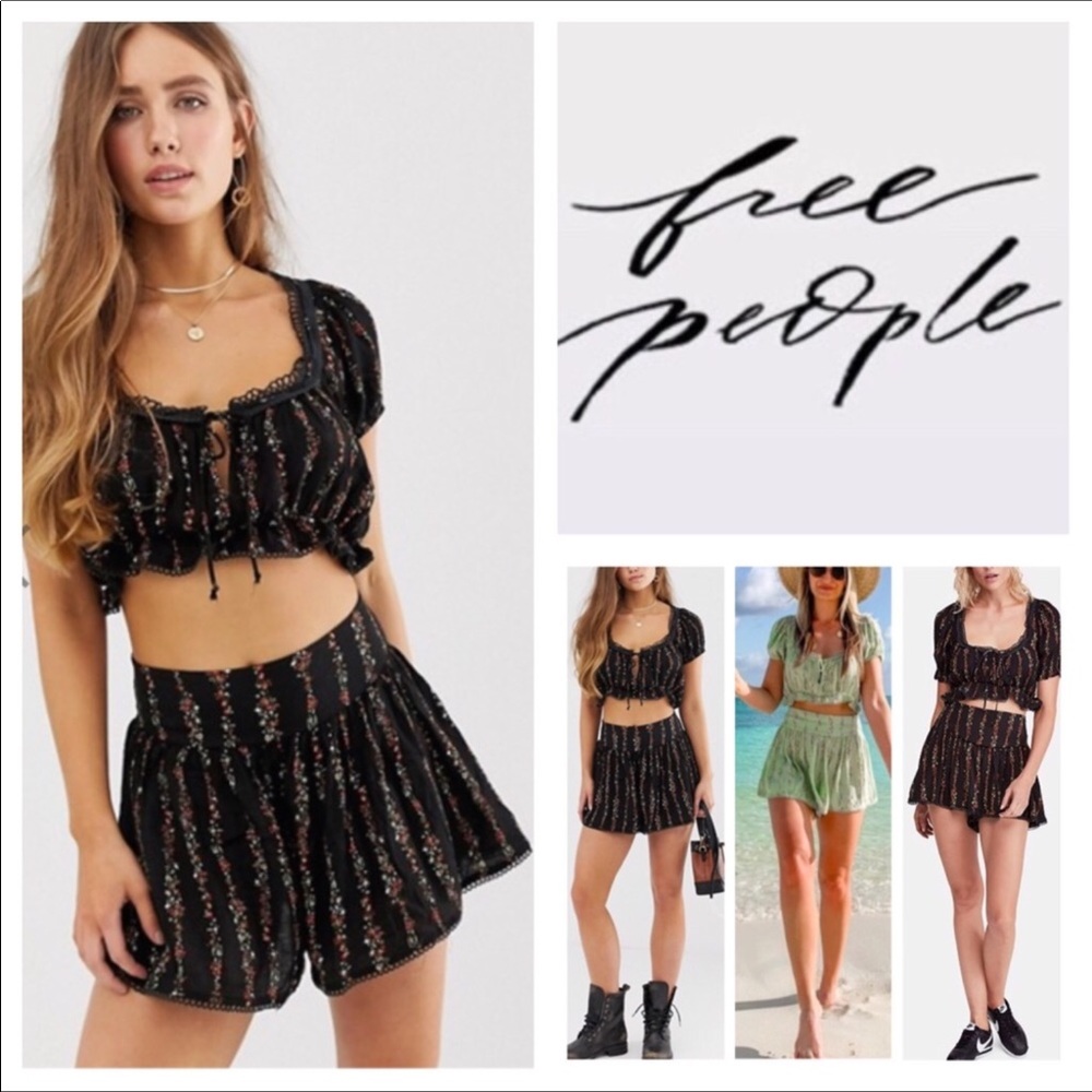 Free People Black Floral Smocked High-Waist Shorts